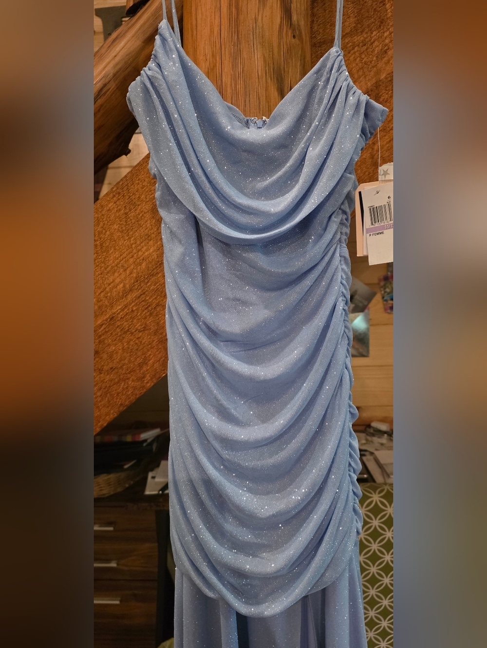 Macy's Sparkle Dust Light Blue Ruched Spaghetti Strap Dress - Picture 3 of 8